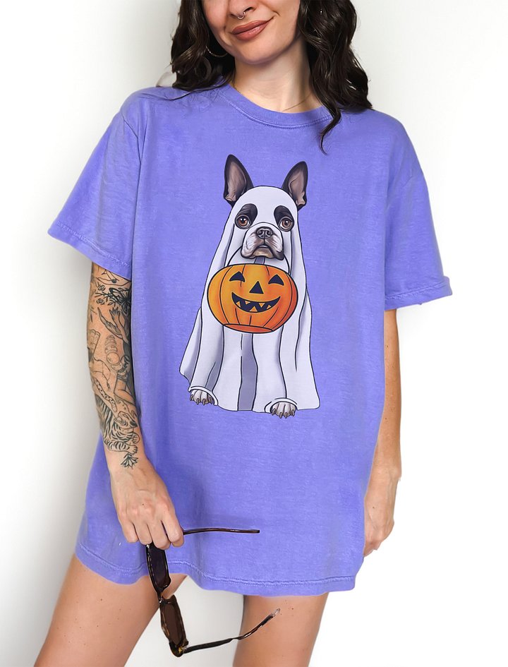 Boston Terrier Halloween Tee | Funny Fall & Halloween Boston Wearing a Ghost Costume with Pumpkin Basket product image (2)