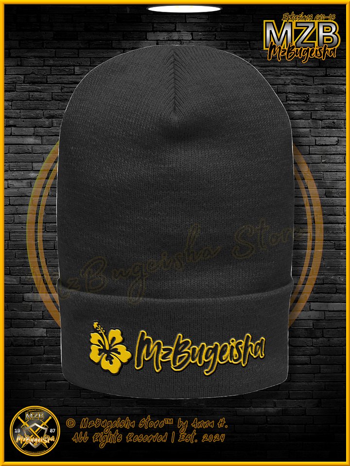 Beanie - MzBugeisha™ "Name Logo w/ Hibiscus Flower [MZBPC] (blk/yellow)" Stylish Embroidered Beanie Hat By Anna H. product image (1)