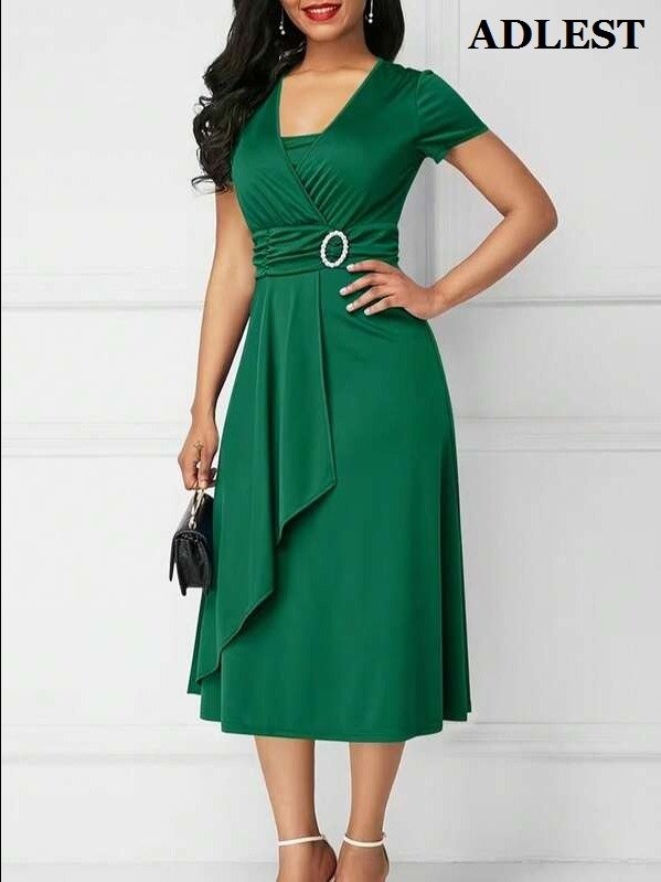 ADLEST Elegant Ruched V-Neck Black Mini Dress - Boho Style Short Sleeve Fitted Party Wear product image (2)