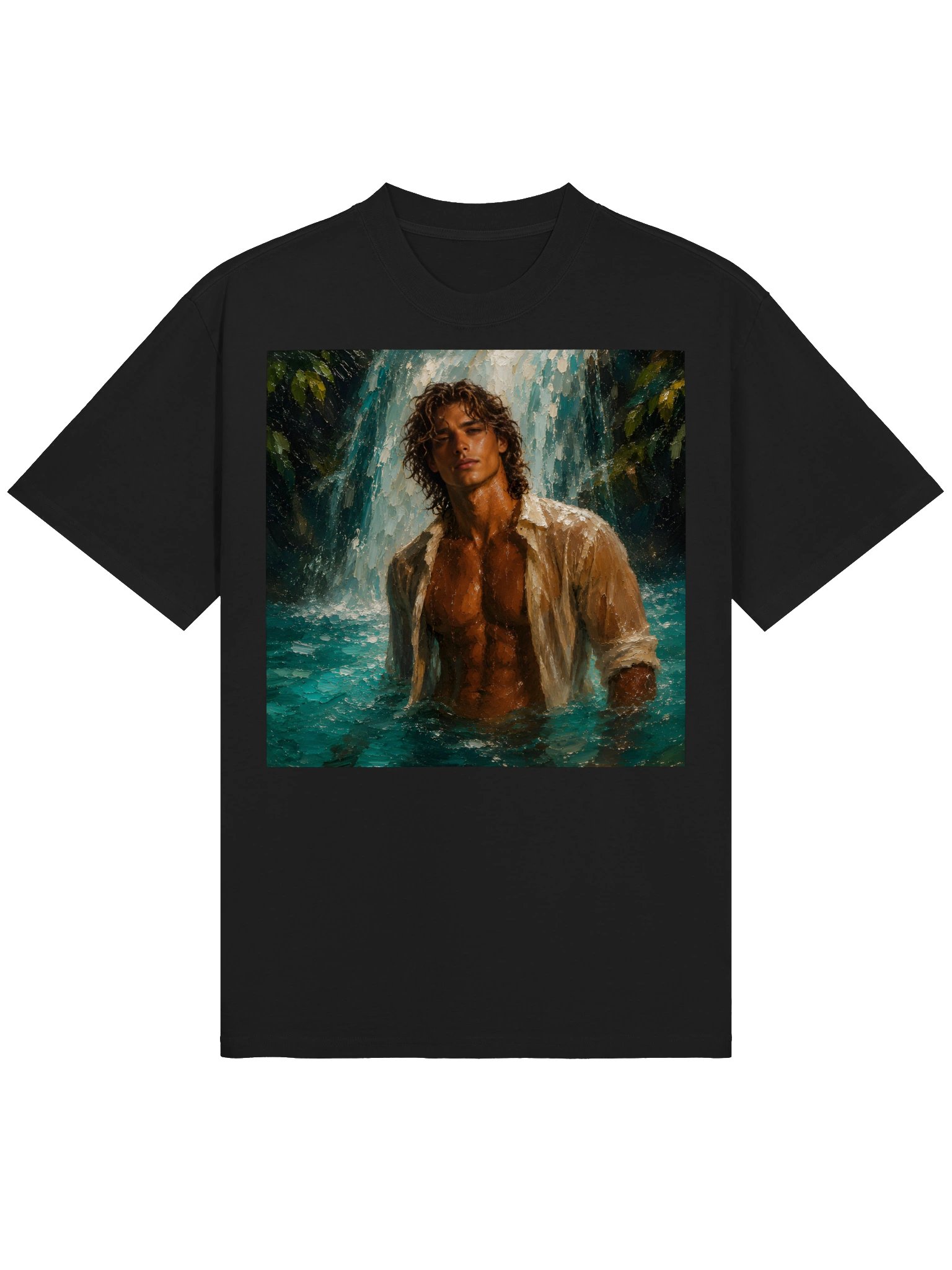 Handsome Man Waterfall Oil Painting T-Shirt, Romantic Fantasy Art, Romantasy Book Lover Gift product image (2)