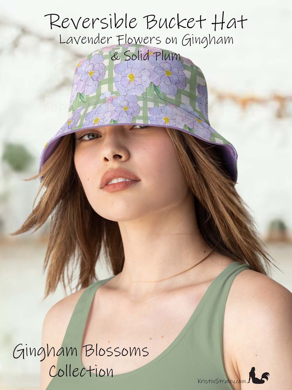 Reversible Bucket Hat Lavender Flowers on Gingham and Solid Plum product image (1)