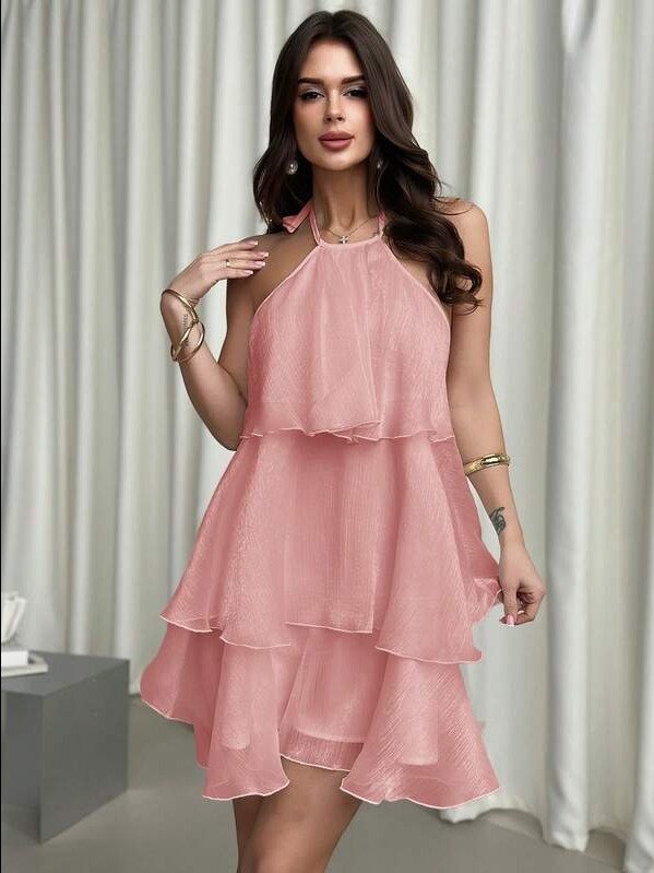 ADLES Elegant Romantic Date Backless Layered Hem White Organza Halter Neck Puff Dress, Suitable For Valentine's Day ,Summer Dress product image (3)