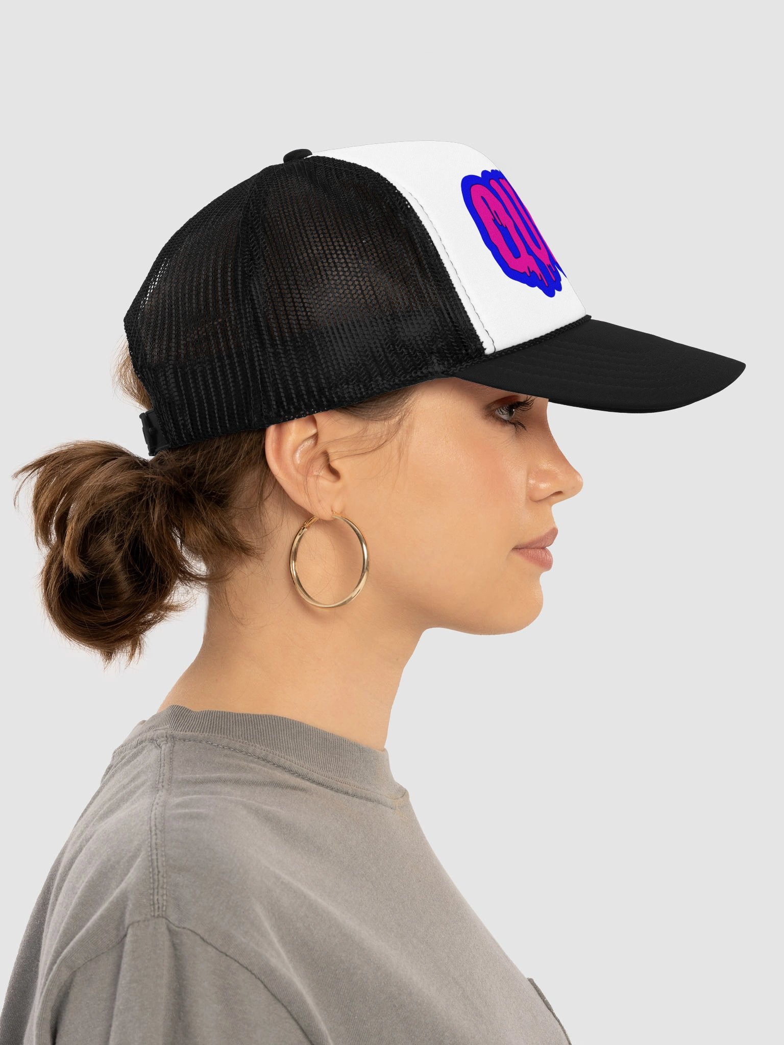 Queer Pride Trucker Cap, LGBTQIA+ Art Festival Fashion, Rad Retro Style Hat, Hot Pink Blue Cotton Candy Color Creepy Dripping Design product image (8)