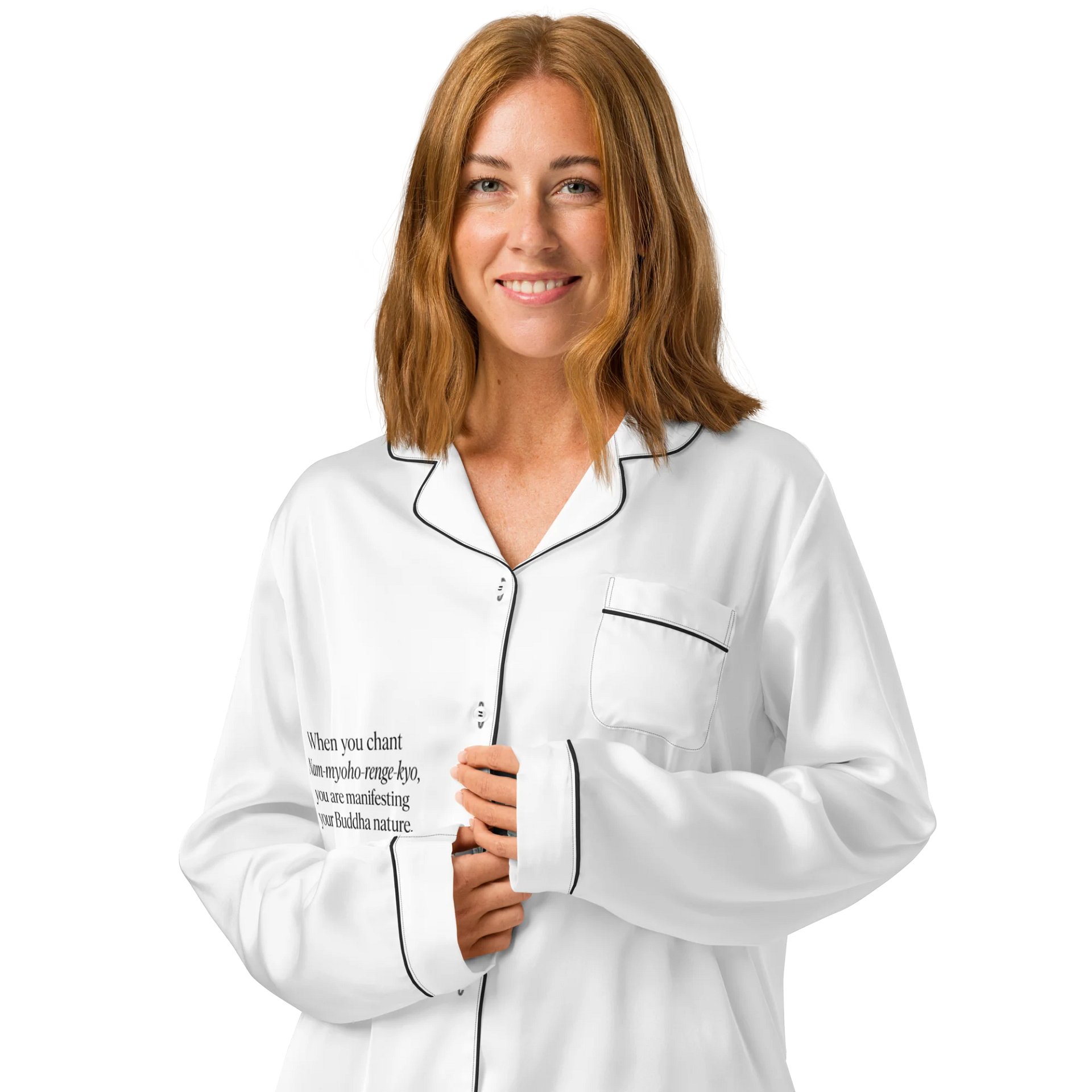 Silky Pajama Top with Nichiren Buddhism Quote – “When you chant Nam-myoho-renge-kyo…” product image (3)