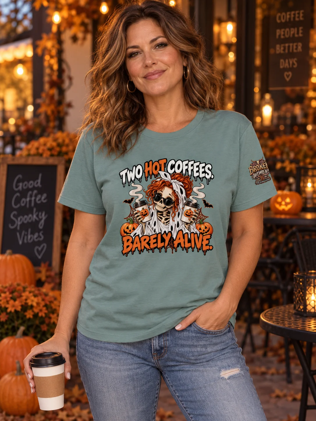 Funny Halloween Coffee Shirt — Two Hot Coffees, Barely Alive™ | Holly-Ween™ product image (1)