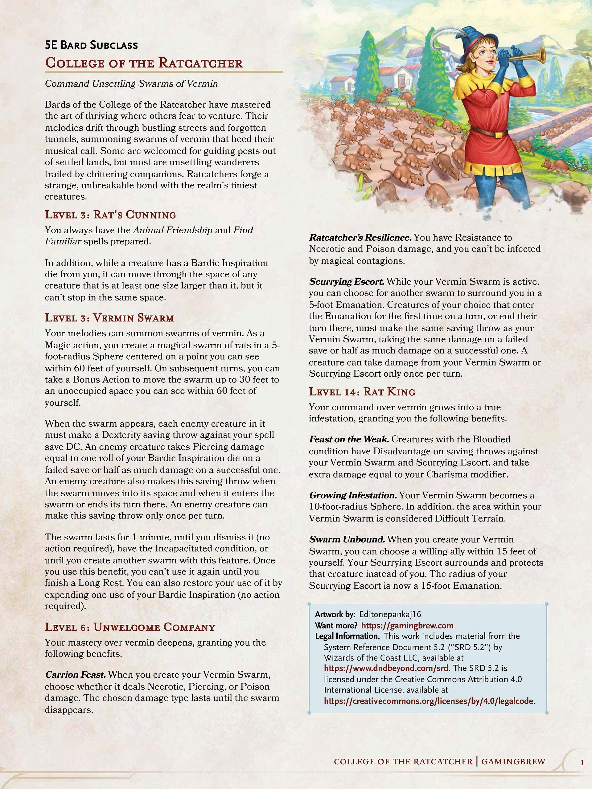 College of the Ratcatcher | 5.5E Bard Subclass product image (2)