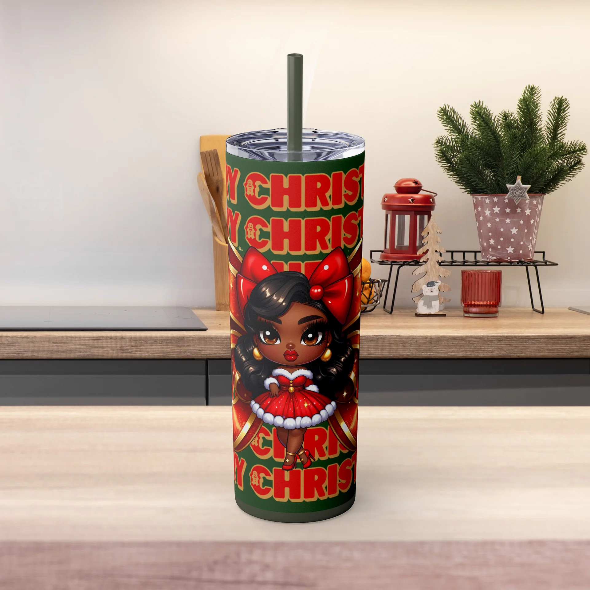 Merry Christmas Brown Holiday Doll Tumbler Wrap Design, Festive 20oz Sublimation PNG, Holiday Digital Download, Red Bow Christmas Tumbler product image (6)