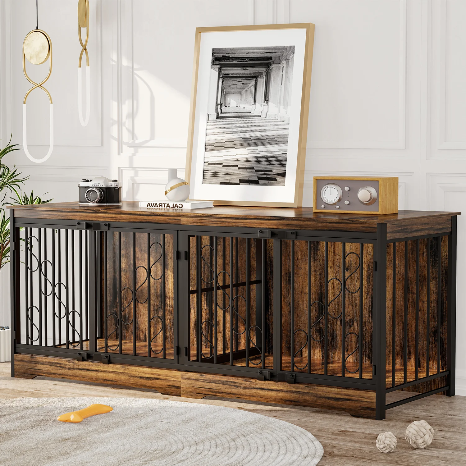 71 Inch Double Dog Crate Furniture, Extra Large Dog Kennel Indoor for 2 Dogs, Heavy Duty Wooden Dog House with Divider, Pet House Decorative as Table & TV Stand for X Large Dogs ( Brown) product image (2)