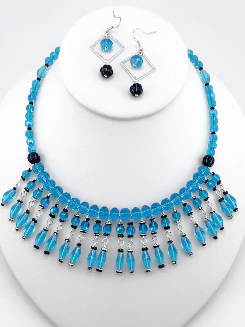 Aqua and Black Czech Glass Necklace and Earrings Set product image (1)