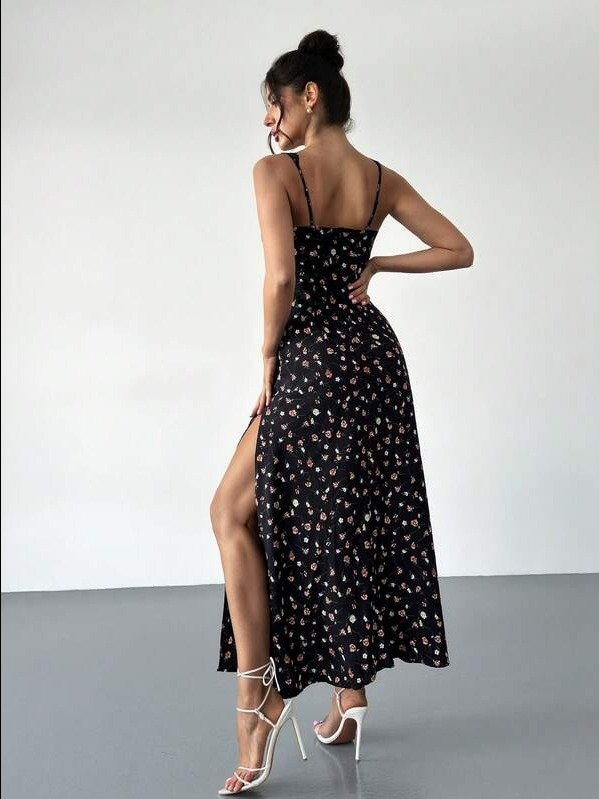 ADLEST New Arrival Women's Elegant Romantic Black Ditsy Floral Lace Splicing Lace-Up Backless High Slit Dress product image (2)