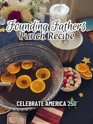 My Founding Fathers Punch from my #Hamilton party is the perfect way to celebrate #america250! ✨ This recipe follows the classic 18th century lunch ratio of 1 part sour, 2 parts sweet, 3 parts strong, 4 parts weak. This delicious drink is a true tase of history if you want to party like it’s 1776 this #4thofjuly. 🇺🇸  Recipe for 21+ Founding Fathers Punch  1.5 cups fresh lemon juice 3 cups brown simple syrup, recipe follows 4.5 cups Caribbean rum  6 cups black tea, chilled  Angostura bitters For garnish: orange slices, cinnamon sticks, cloves Combine lemon juice, brown simple syrup, rum, and black tea in a punch bowl or pitcher and stir. Add a few dashes of angostura bitters and float orange slices, cinnamon sticks, and cloves on top. To make brown simple syrup: 1.5 cups packed brown sugar 1.5 cups water Boil brown sugar and water until sugar is completely dissolved. Let cool and store in the fridge. Makes 3 cups. Keeps for weeks in the fridge! #punch #cocktails @Hamilton 