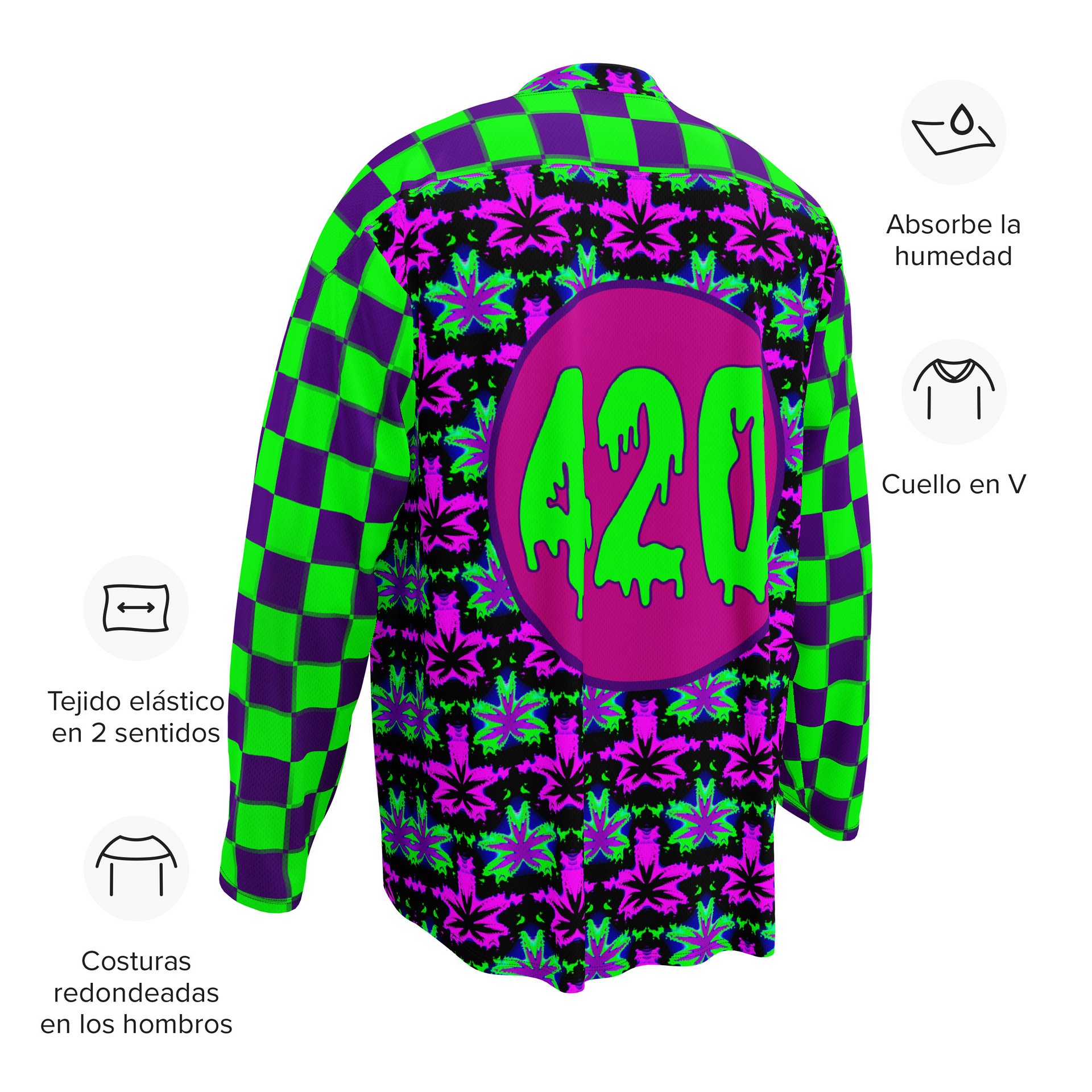 Cannabis Rave 420 Hockey Jersey, Clowncore Checkers Stoner Shirt, Pot Leaf EDM Festival Fashion, Neon Twisted Techno Dance Party Weed Top product image (12)