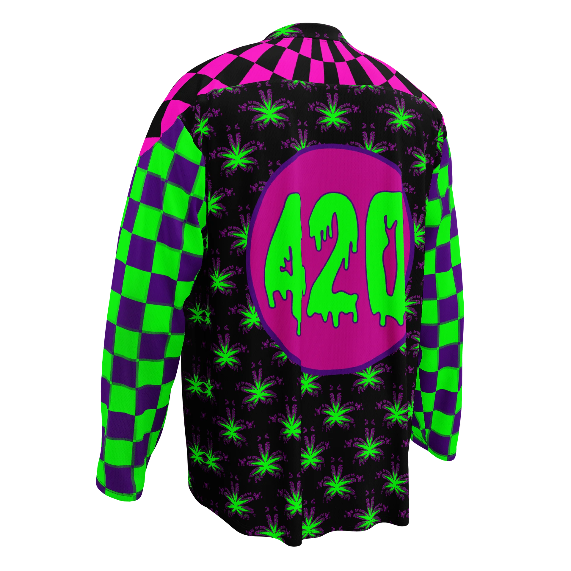 Cannabis 420 Hockey Jersey, Pot Leaf Stoner Clothes, Weird Weed EDM Rave Shirt, Neon 90s Checkers Retro Fashion, Alt Techno Dance Party Wear product image (2)