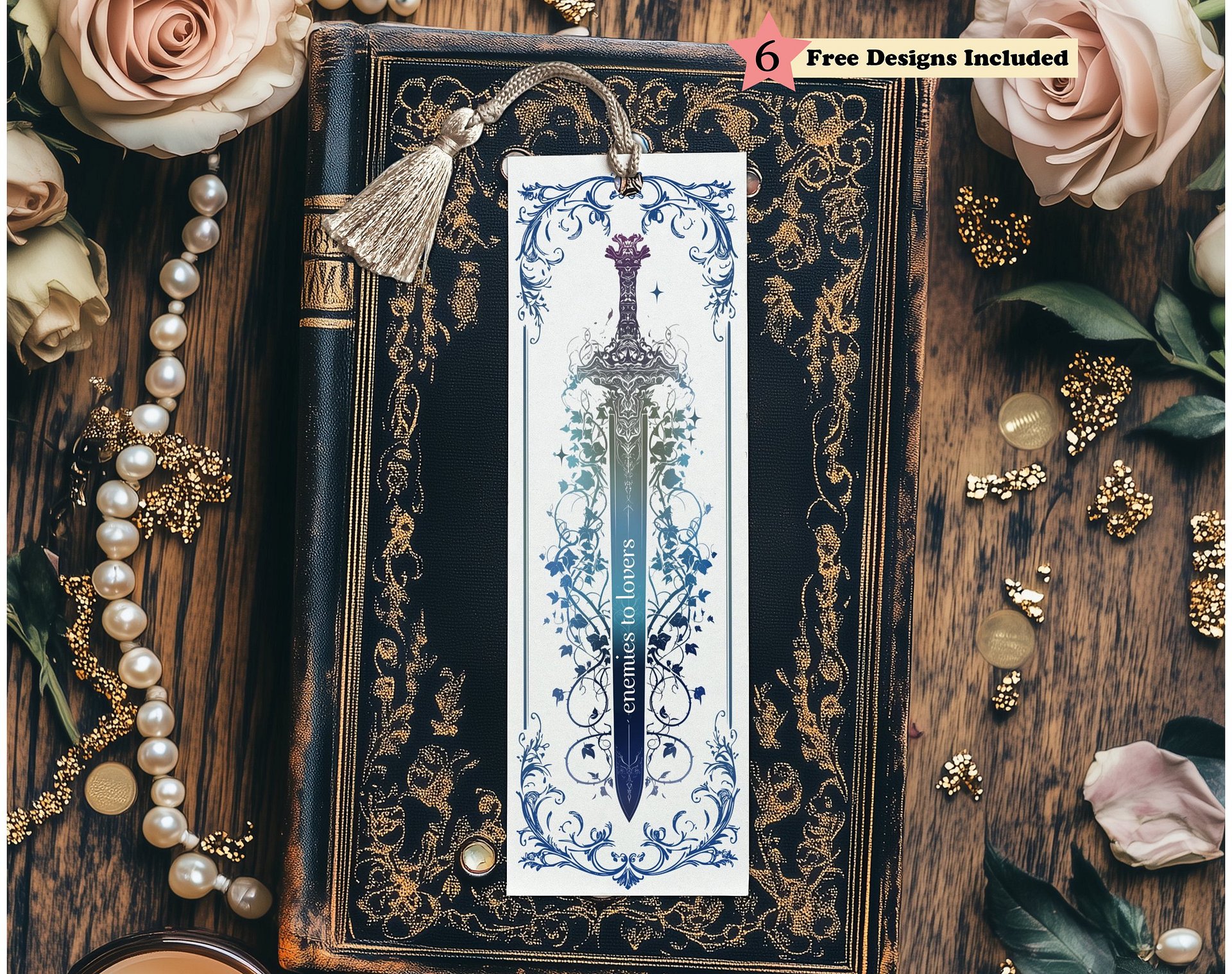 Chinoiserie Toile Enemies To Lovers Fantasy Reader Sword Bookmark PNG, Printable Bookmarks, Instant Digital Download, DIY Gift for Reader product image (1)