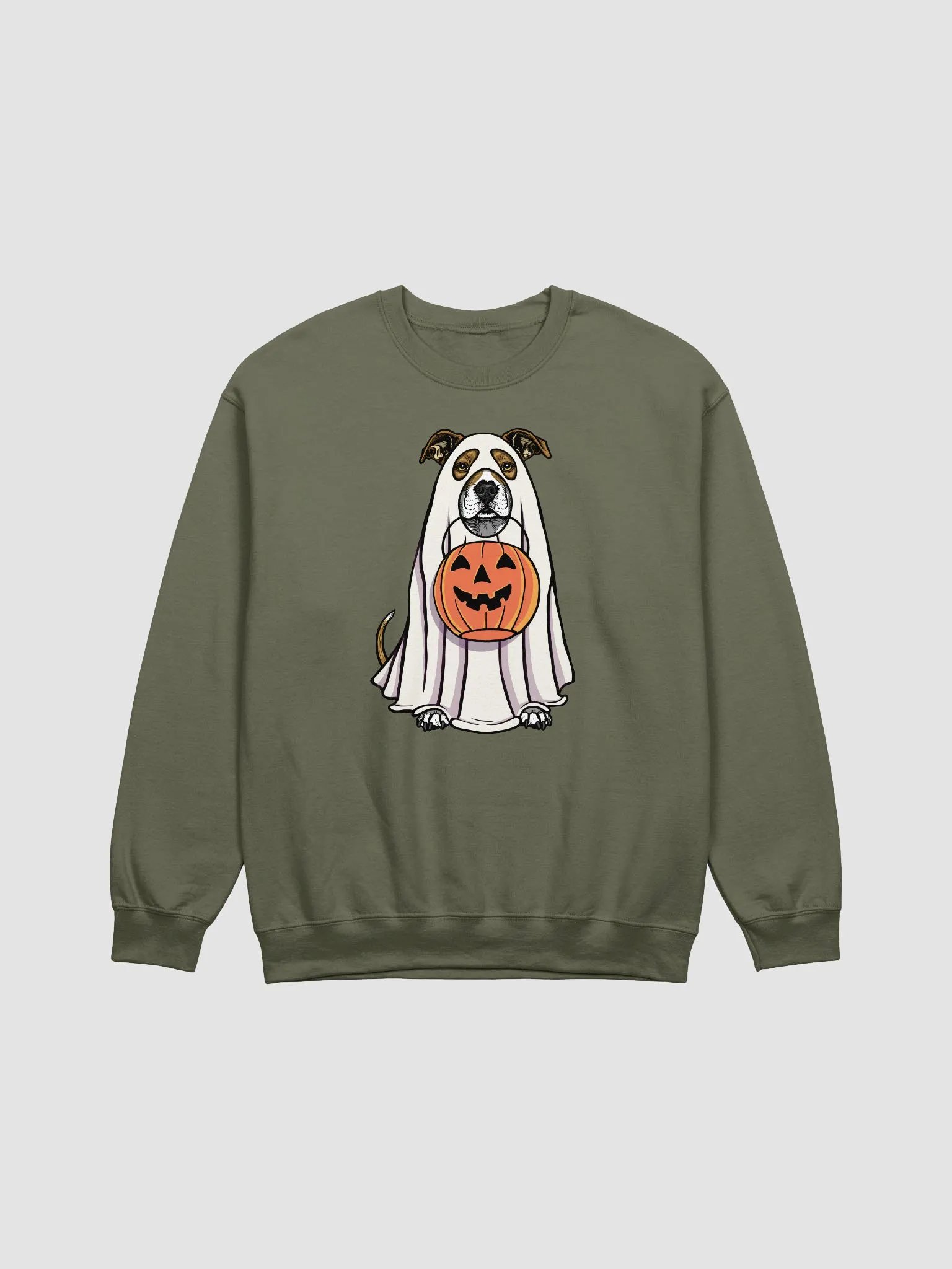 Funny Halloween Pitbull Terrier(Brindle) Sweatshirt | Funny Pittie Wearing a Ghost Costume and Holding a Pumpkin Basket product image (1)