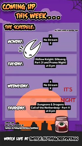 This Week's Tentative Stream Schedule - 6/29/2026 📆
.
.
.
#TheGoreyDetails #Twitch
#HollowKnight #HollowKnightSilkSong #Dunge...