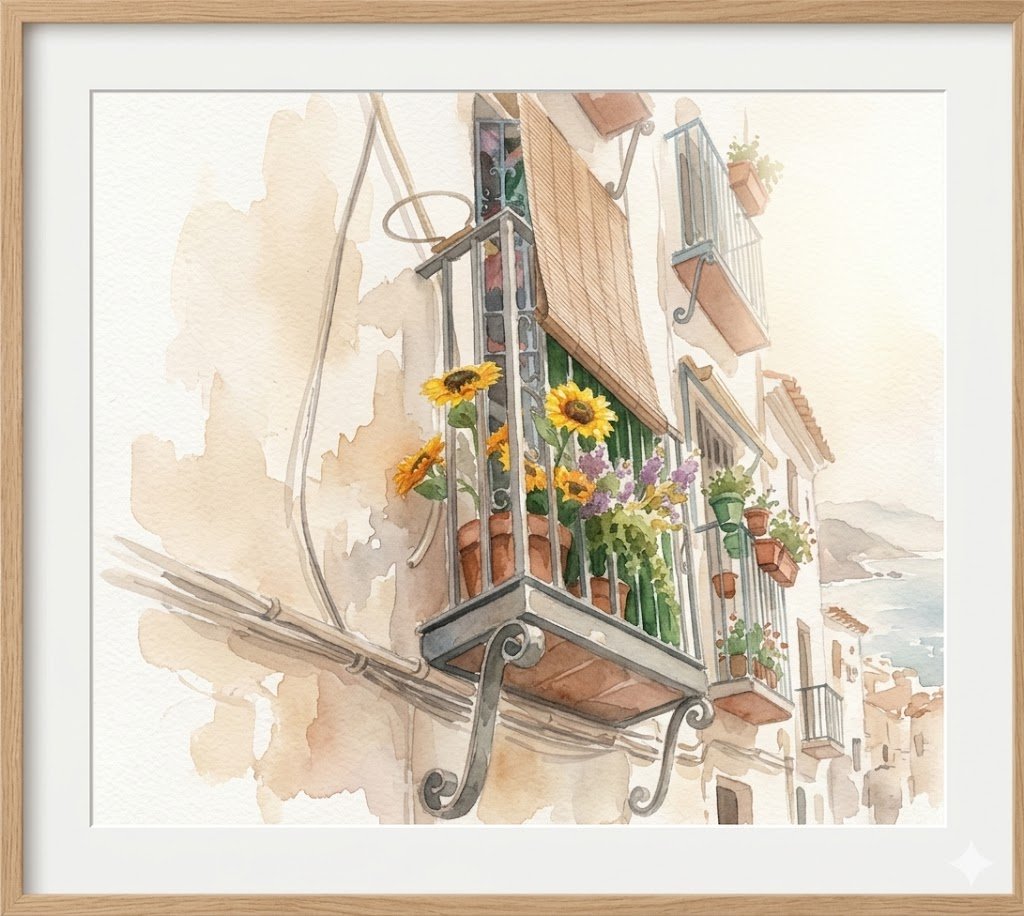 Mediterranean Balcony Watercolor Square Print | Sunflower Wall Art | European Street Scene Painting | Rustic Spanish Village Decor product image (4)