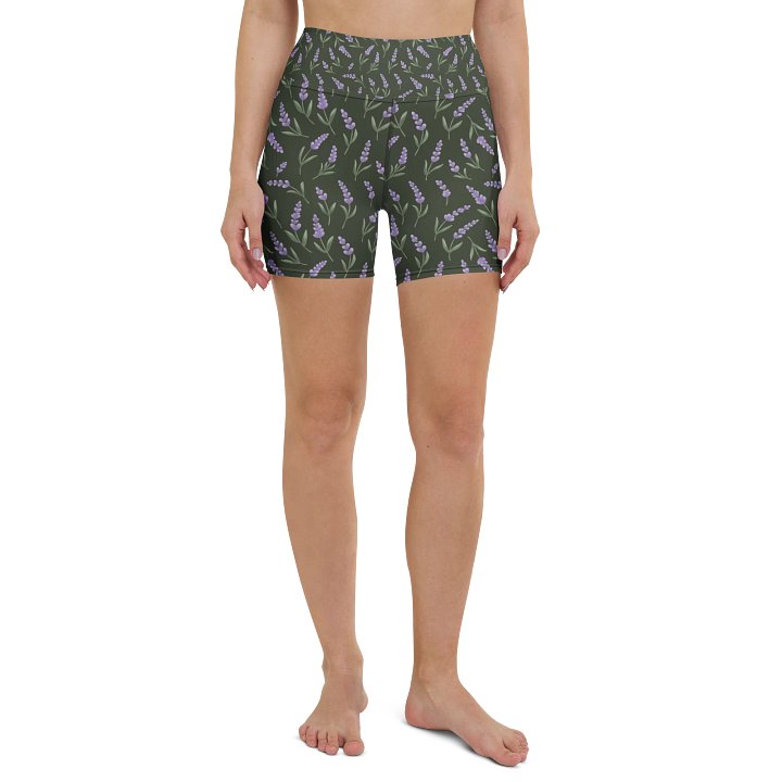 All-Over print yoga shorts with lavender pattern on green background. Eco-Friendly activewear product image (2)