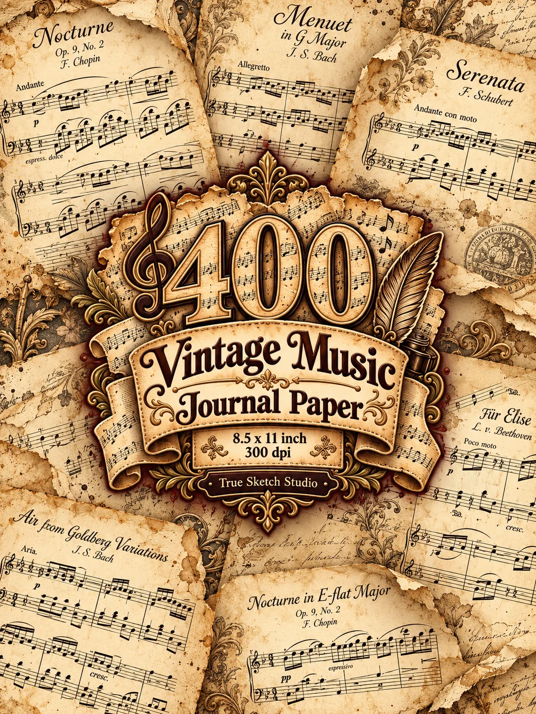 400 Vintage Music Digital Paper Bundle, Aged Sheet Background, Junk Journal Pages, Scrapbook Collage Supplies, US Letter 300DPI JPG Download product image (2)
