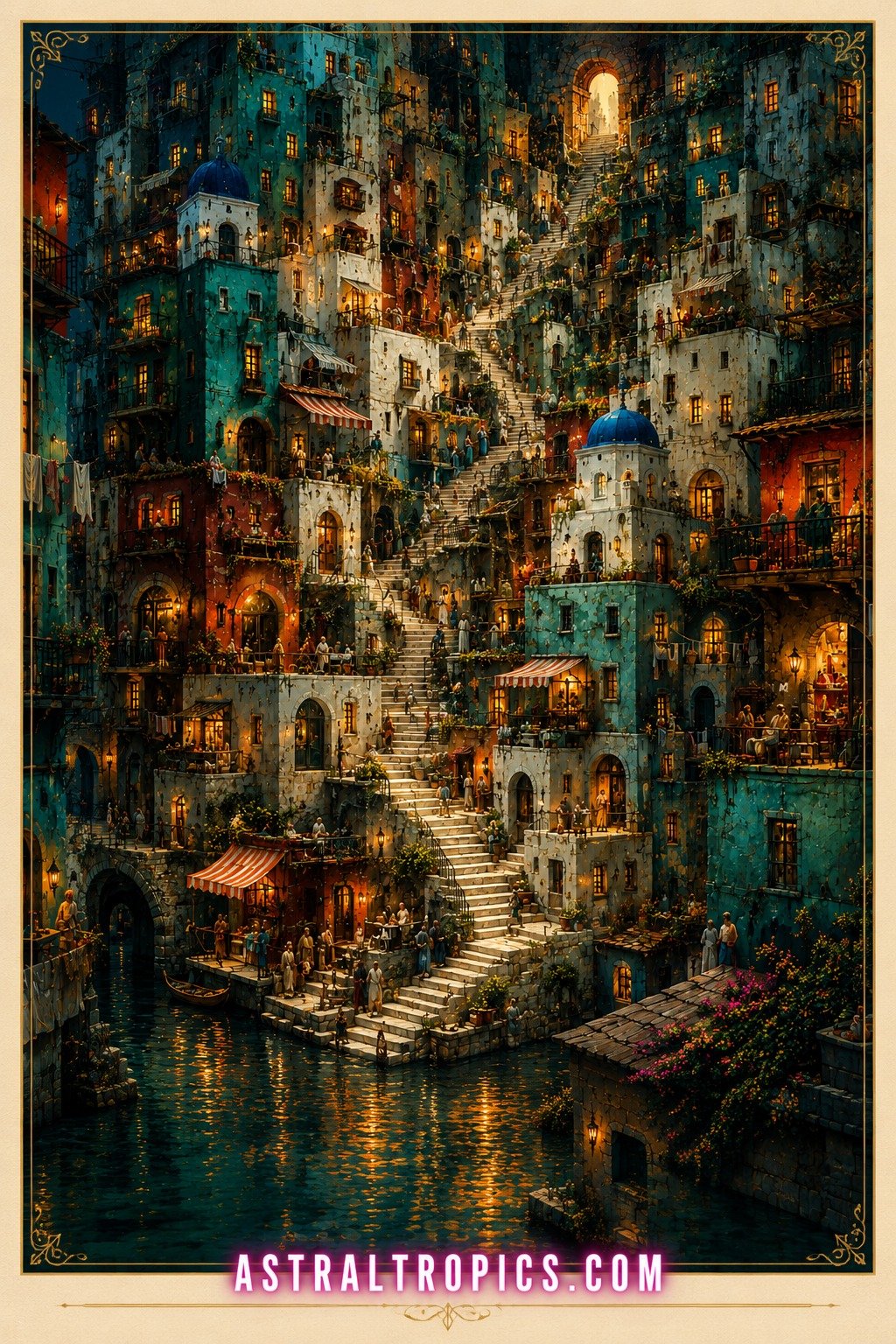 Mediterranean Stairway Village Poster | Colorful Coastal European Cityscape Wall Art product image (1)