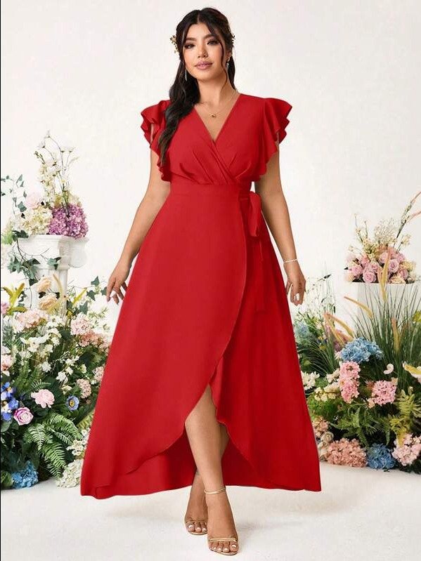ADLEST Plus Size Elegant Romantic Wedding Solid Color Cross V-Neck Side Tie Sleeve Ruffle Dress product image (1)