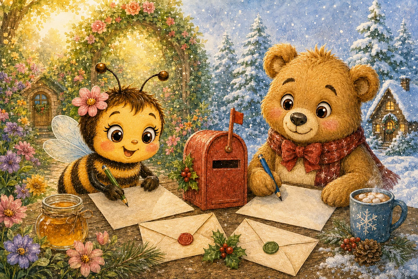 Bella the Little Honey Bee and Barnaby Bear writing Christmas letters beside a red mailbox in a watercolor garden and snowy woodland