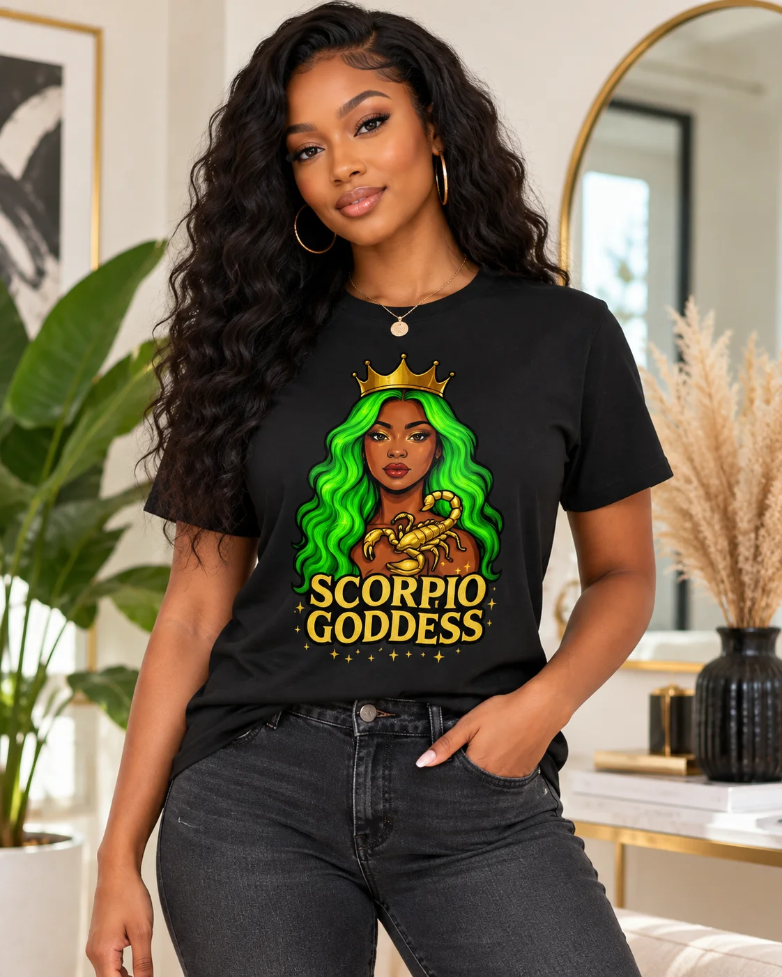 Scorpio Goddess Graphic T-Shirt – Neon Green Hair Zodiac Queen Tee, Gold Crown Scorpion Astrology Shirt product image (1)