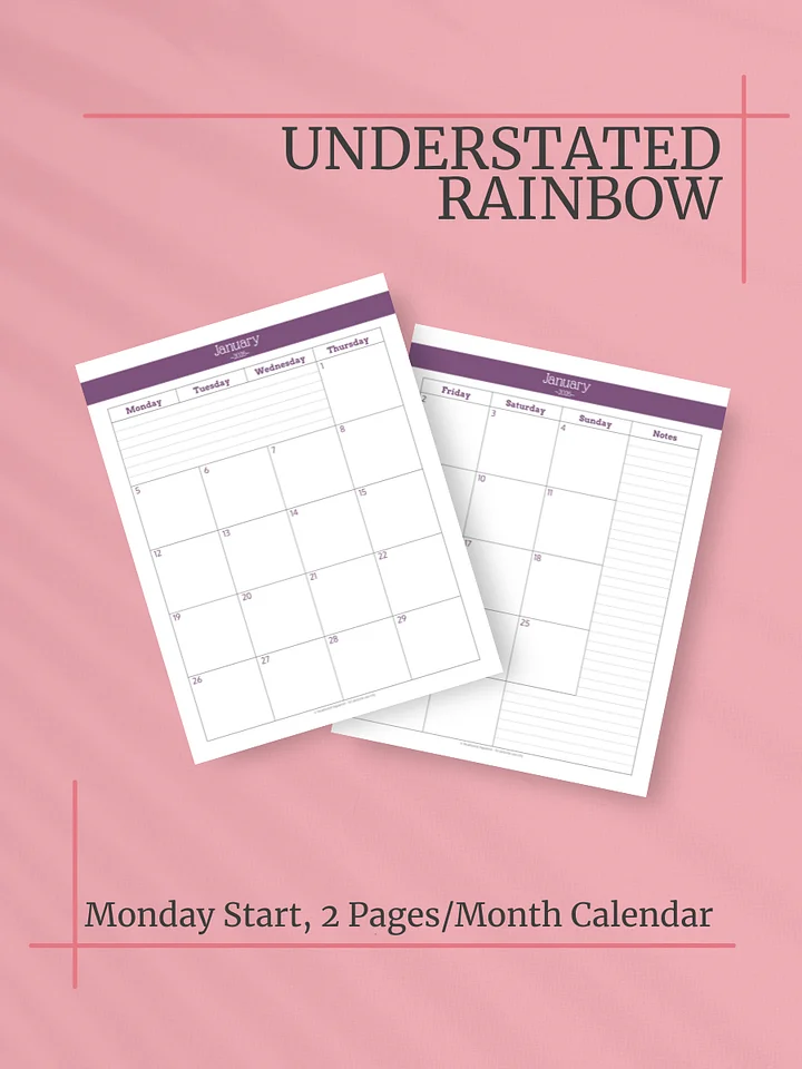 Understated Rainbow 2026 Calendar - 2 Pages per Month, Monday Start, Letter Size product image (1)