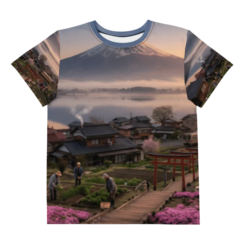 Mount Fuji & Pink Moss Youth Crew Neck T-Shirt | All-Over Print Tee product image (1)
