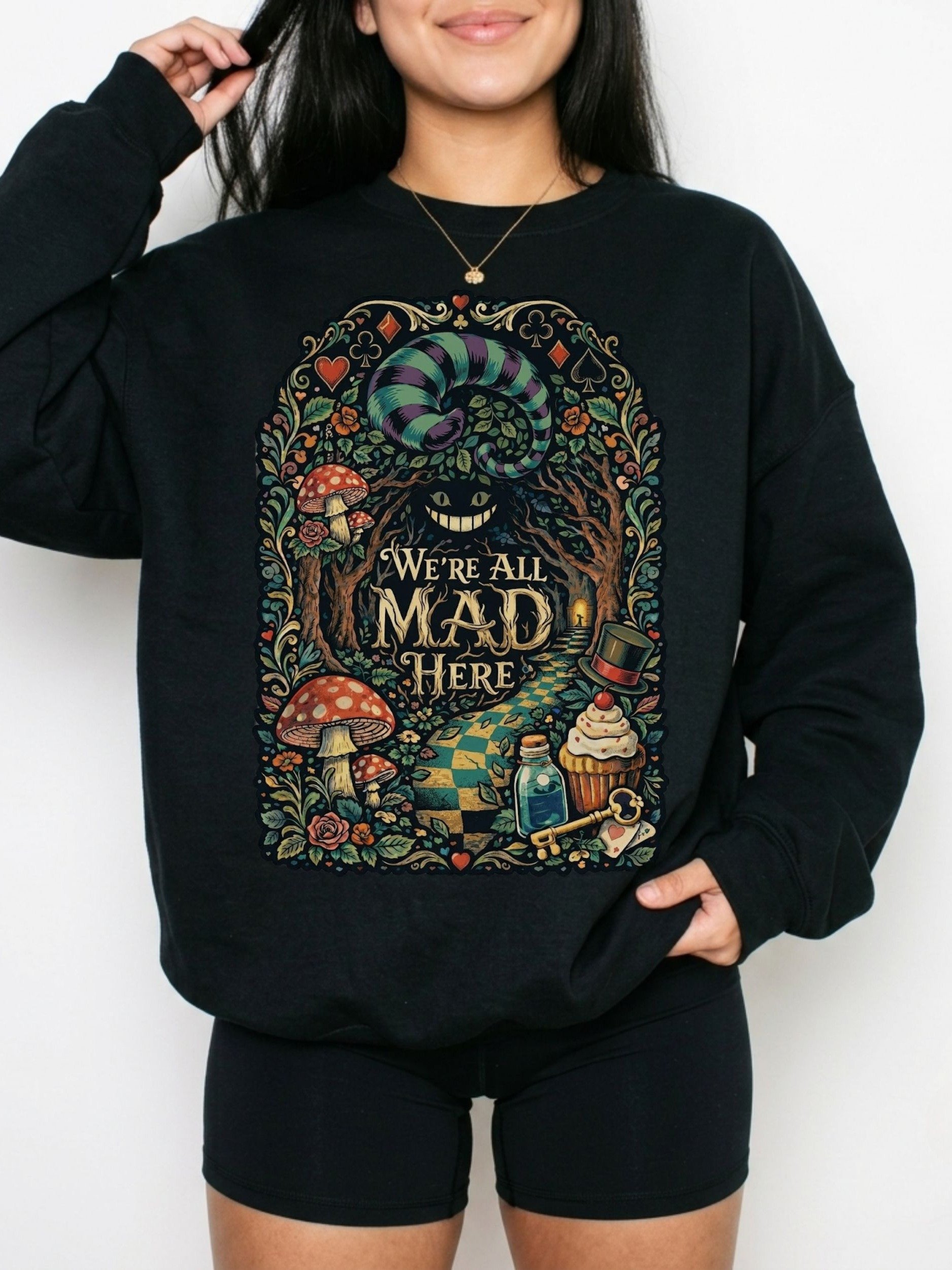 We’re All Mad Here Sweatshirt, Psychedelic Wonderland Cheshire Cat Crewneck product image (2)