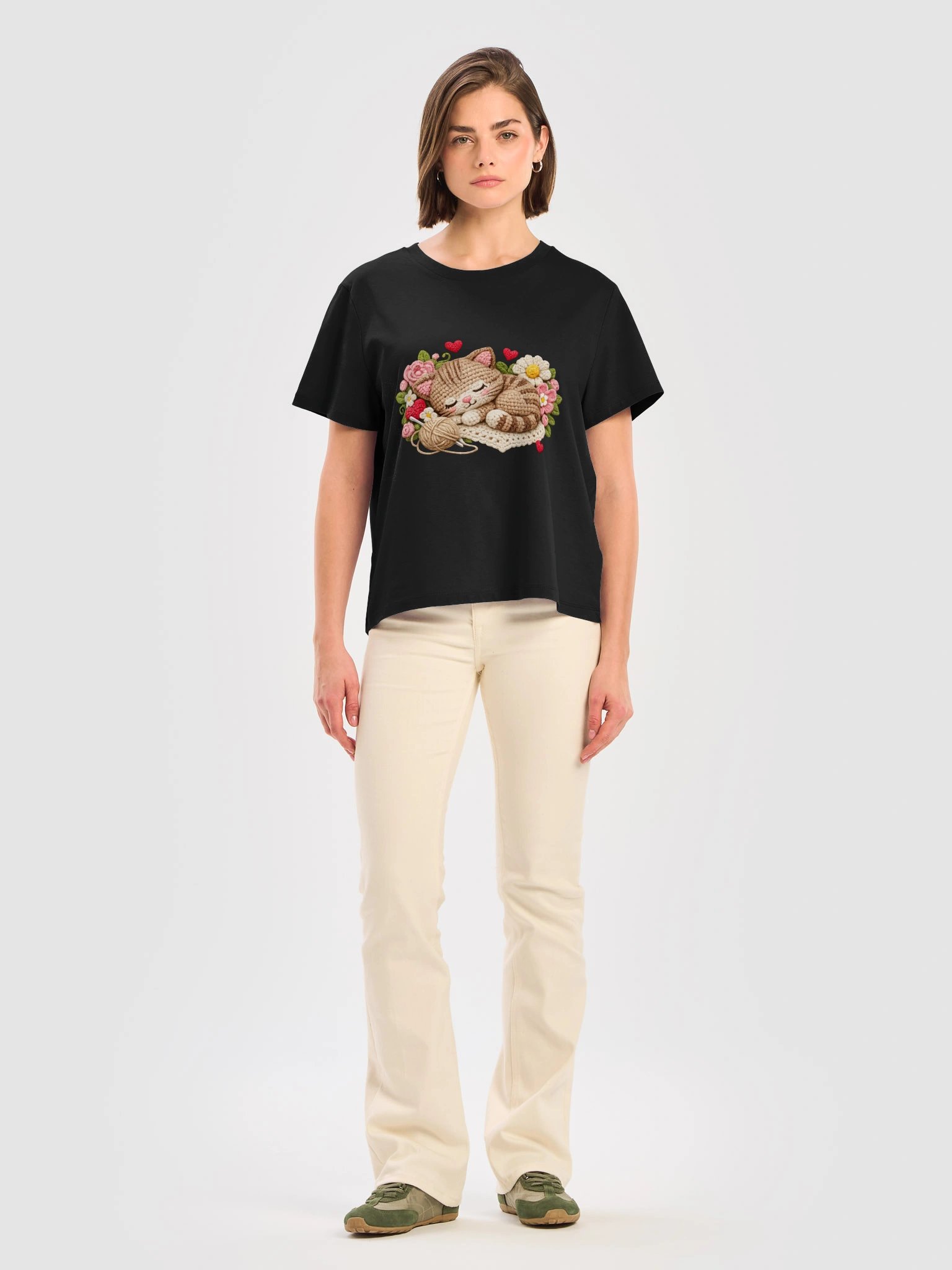 Cozy Crochet Sleeping Cat & Floral Bouquet Women's Organic T-Shirt product image (3)