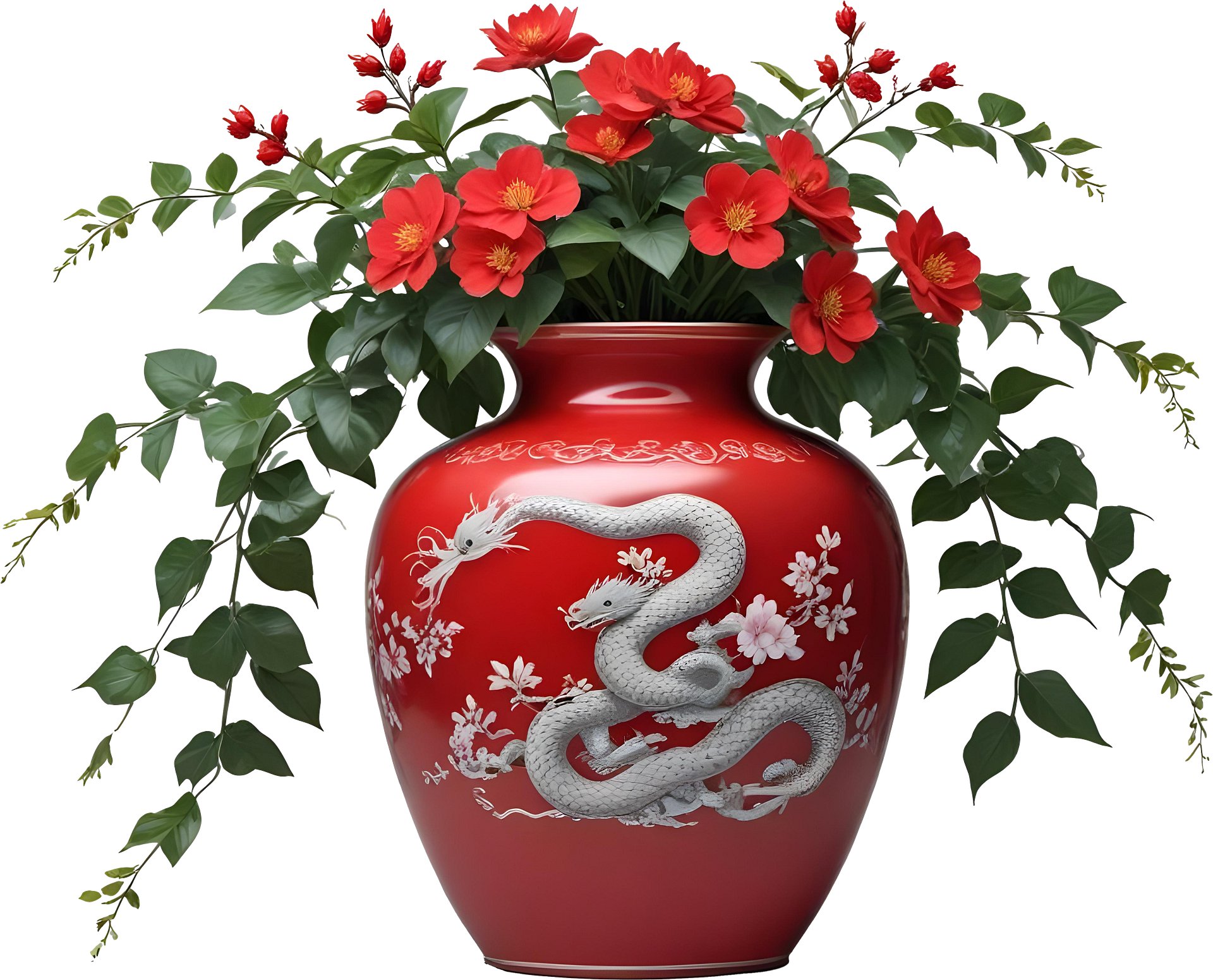 Red Porcelain Vase – Year of the Serpent with Silver Dragon Motif PNG product image (1)
