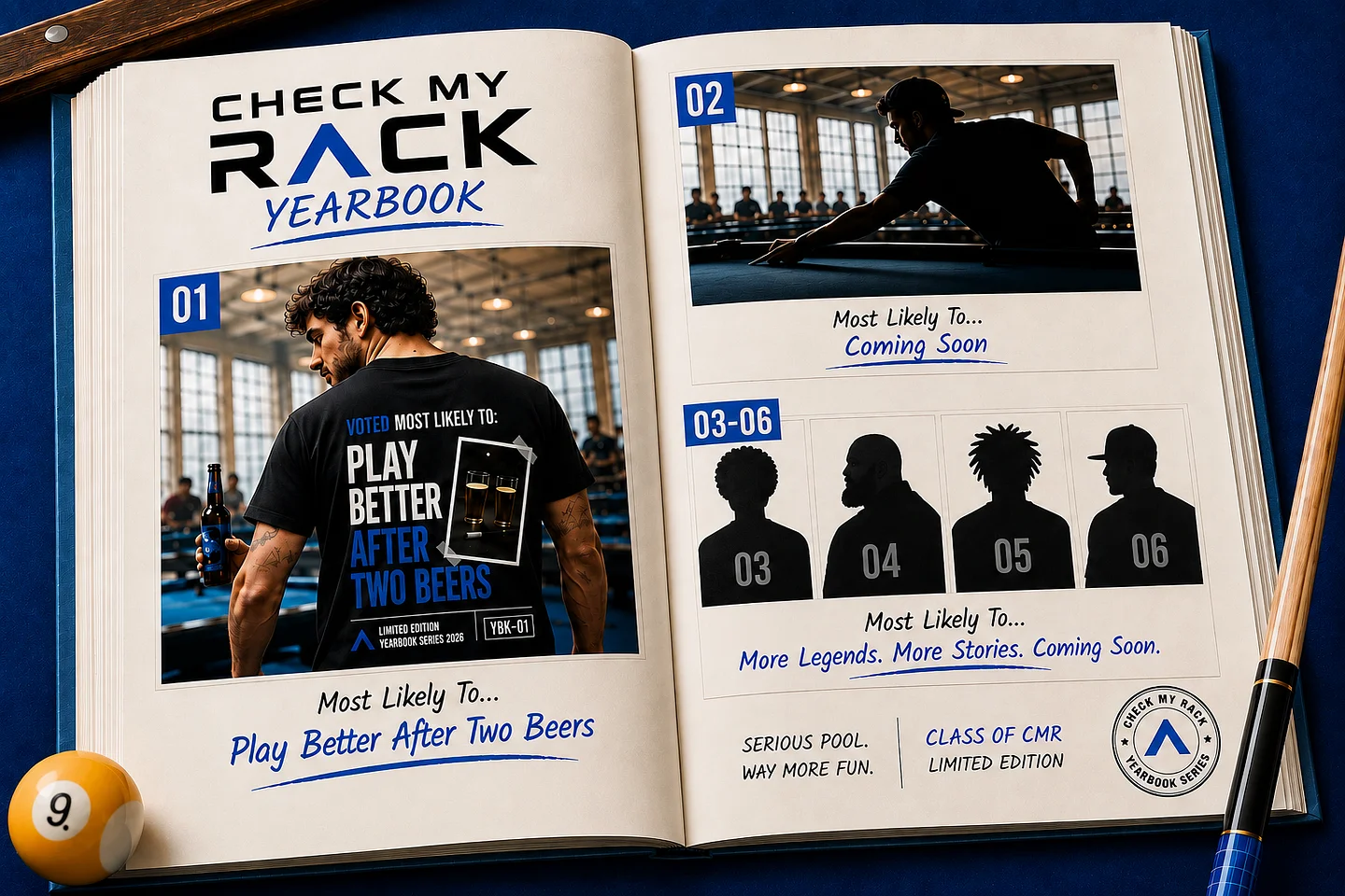 Open Check My Rack Yearbook featuring Player 01 Play Better After Two Beers and upcoming Players 02 through 06