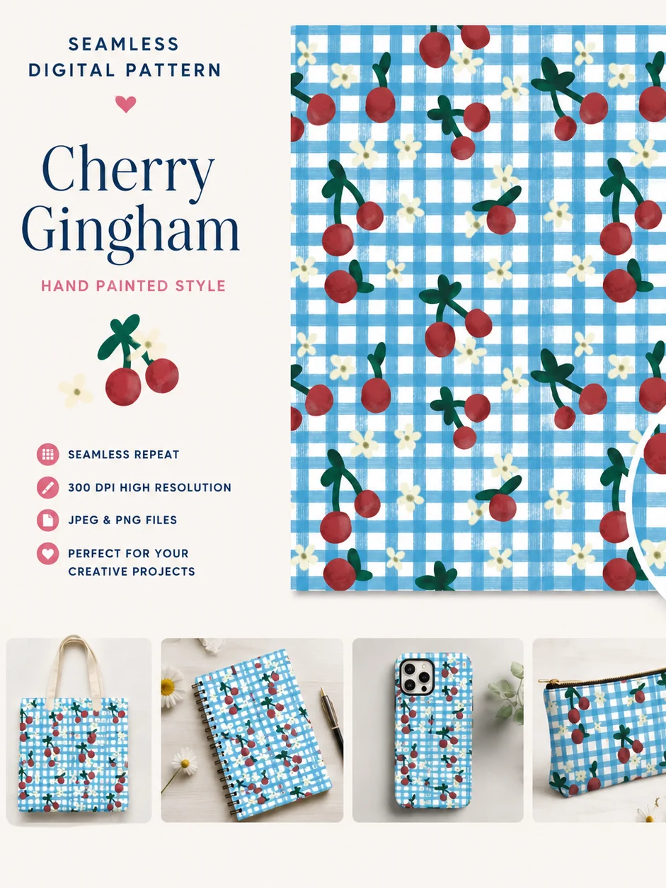 Cherry Gingham Seamless Digital Pattern | Hand-Painted Repeat Pattern PNG product image (1)