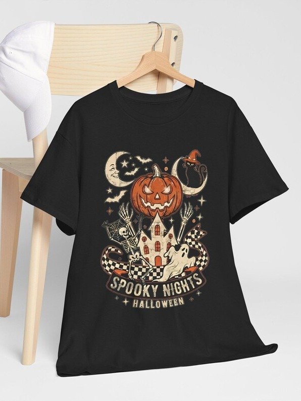 Spooky Nights Halloween Pumpkin Tee | Haunted House Jack-O'-Lantern Shirt product image (4)