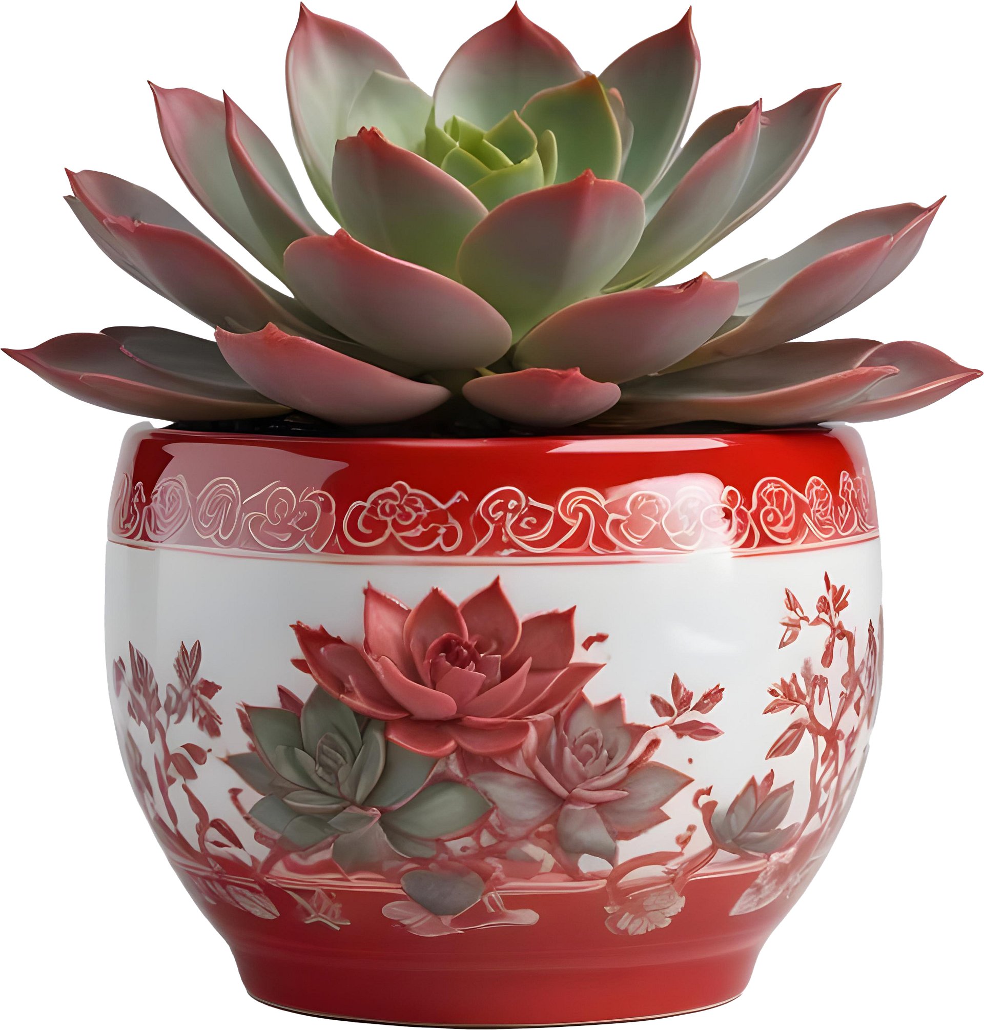 Chinese Porcelain Pot with Succulent – Red and White Floral Design PNG product image (1)