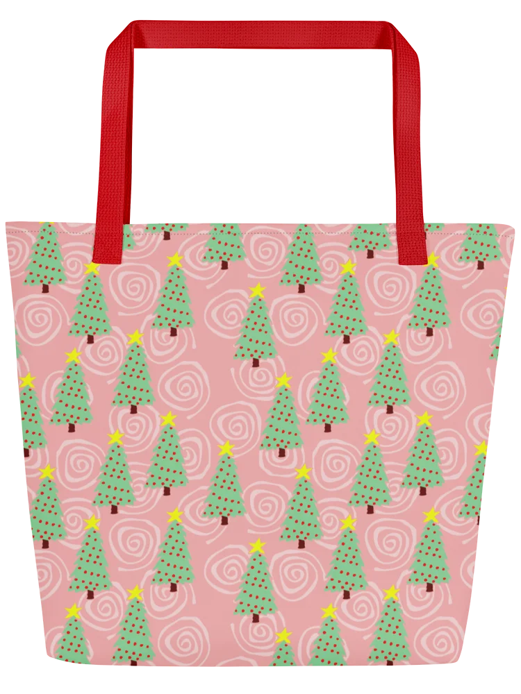 Green Christmas Trees on Christmas Pink with Swirls – Large Tote Bag product image (4)