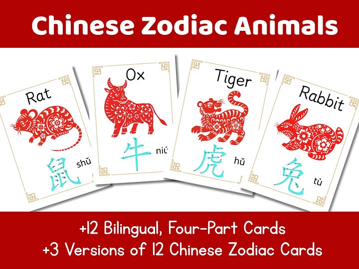Chinese Zodiac Flashcards | 12 Animals Printable | Mandarin Chinese Learning Cards | Lunar New Year Activity | Homeschool Classroom Decor product image (1)