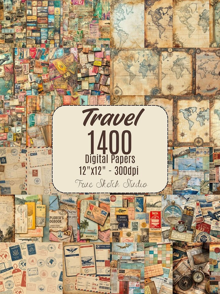 Vintage Travel Digital Paper 1400 product image (1)