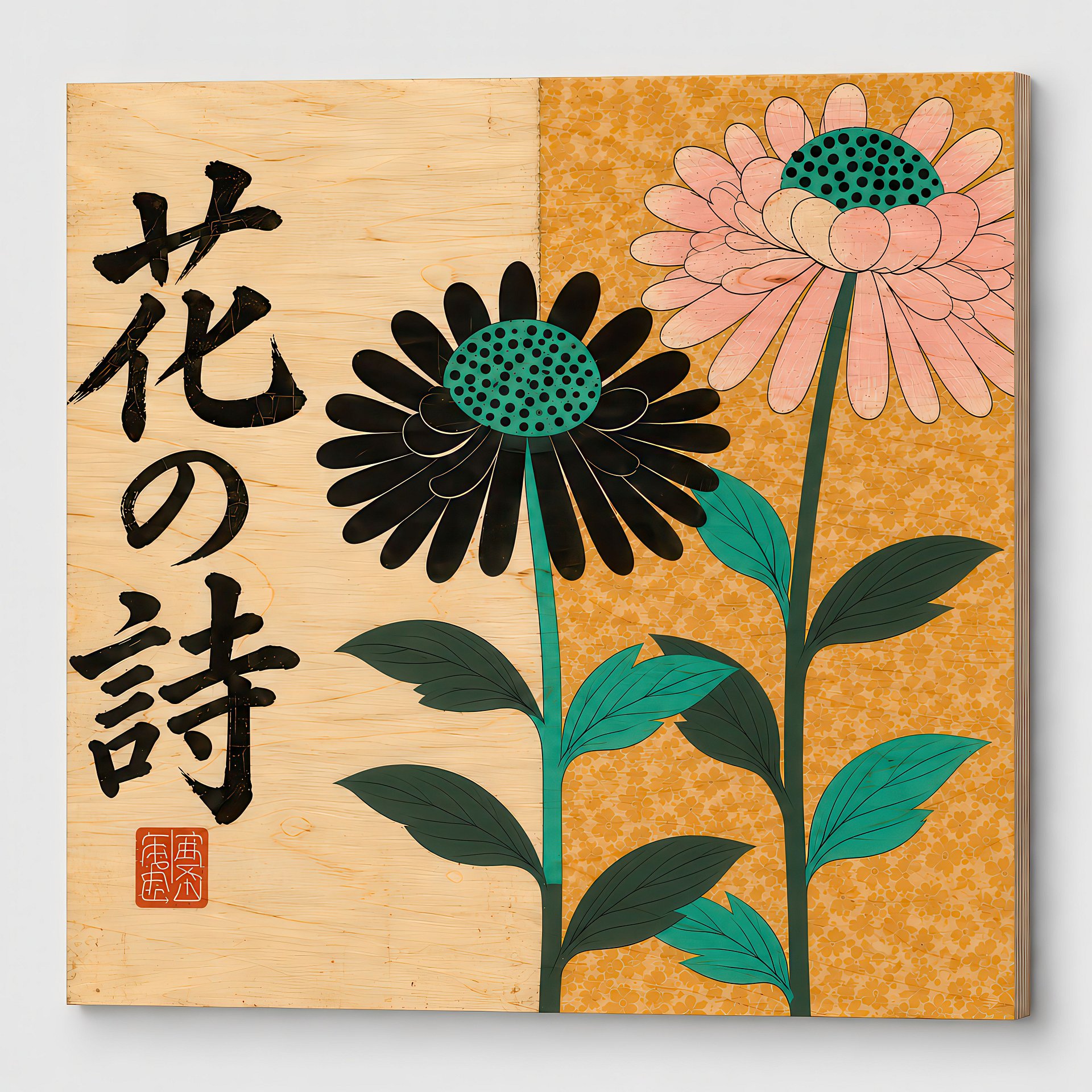 Hana no Uta | Japanese Floral Modernist | Birch Wood Art Panel | Wall Decor | 24×24″ (60x60 cm) product image (2)