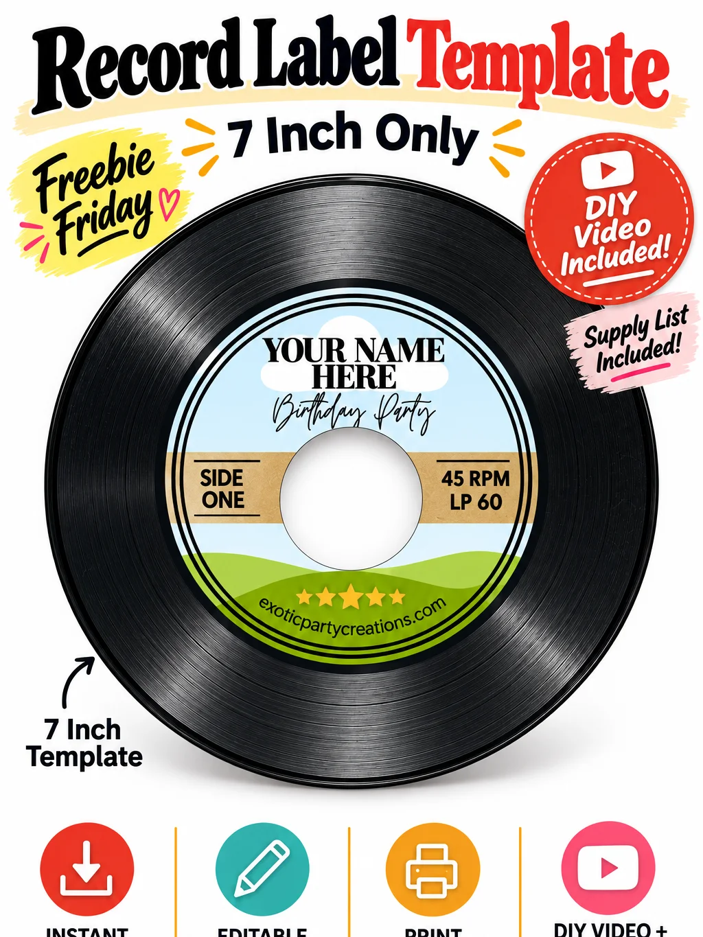 Members Only! Freebie Friday 7 inch LP Vinyl Sticker Record Label Template with DIY Made Easy Canva Tutorial for Beginners product image (1)