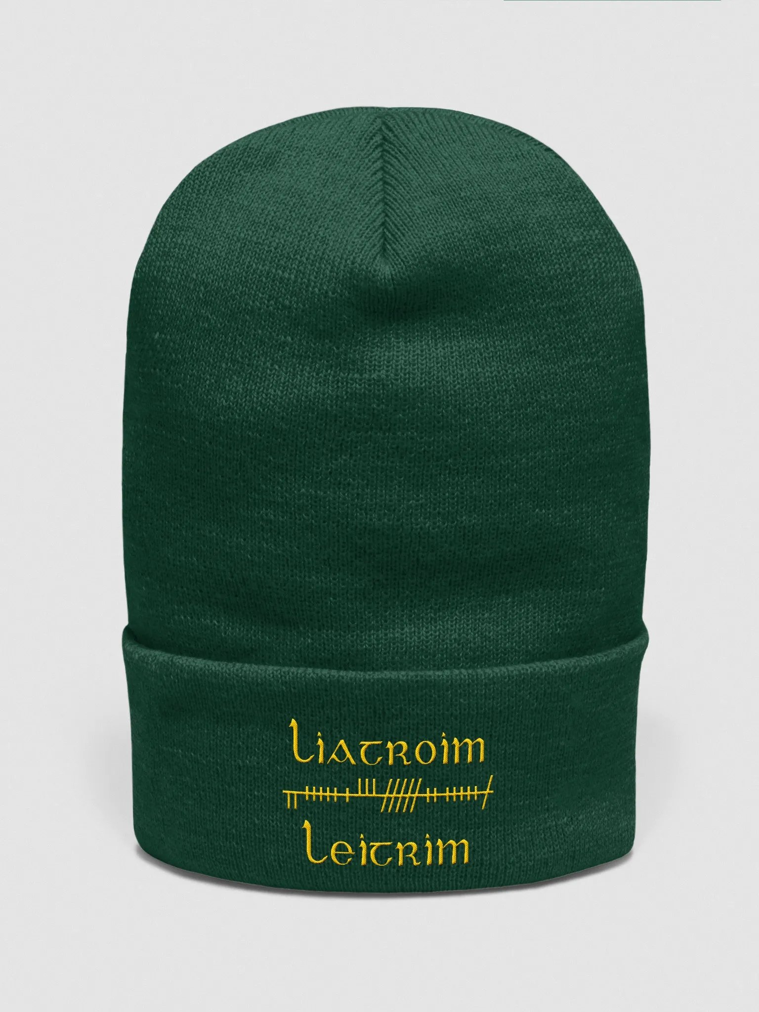Leitrim/Liatroim Orthodox style Ogham, Green with Gold, embroidered Cuffed Beanie product image (1)