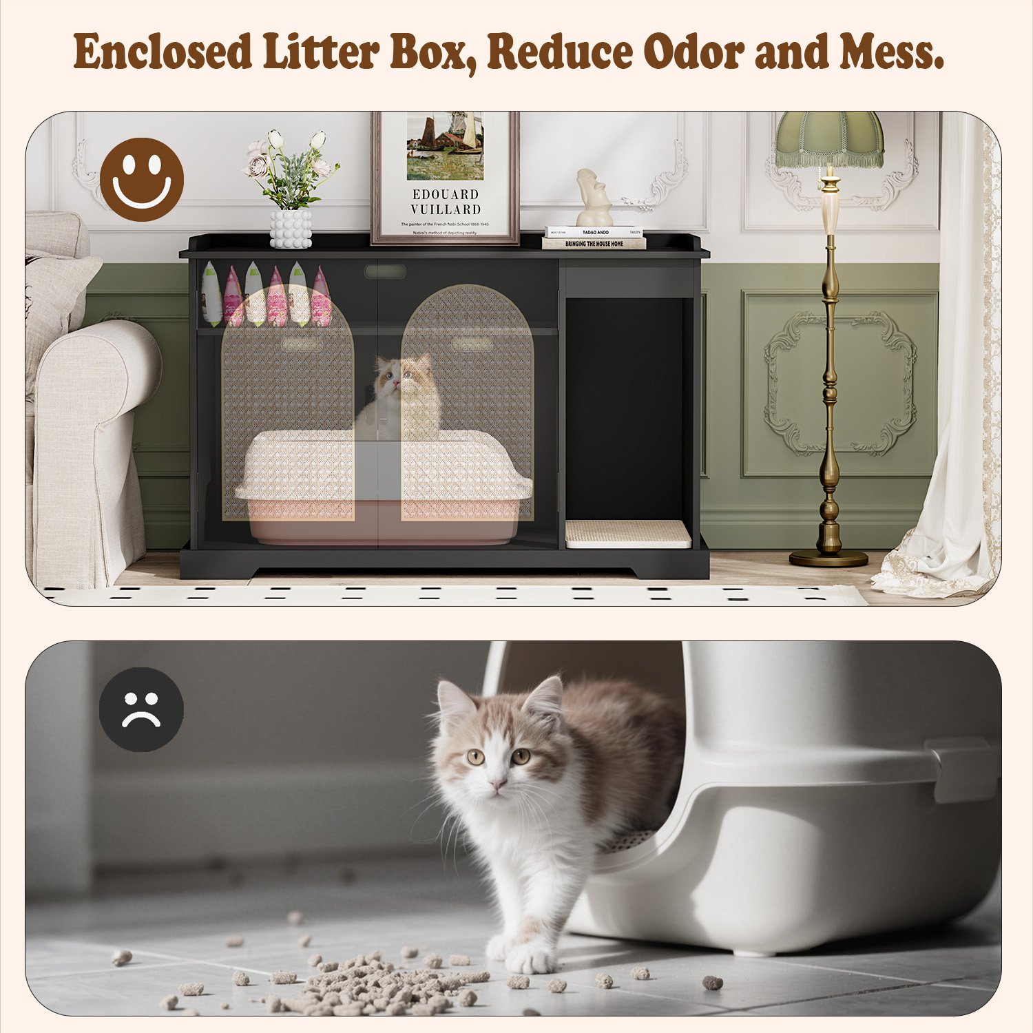 Black Hidden Cat Litter Box Furniture Indoor Wooden Cat Litter Box Enclosure with Double Movable Doors and Divider for Living Room Washroom product image (7)