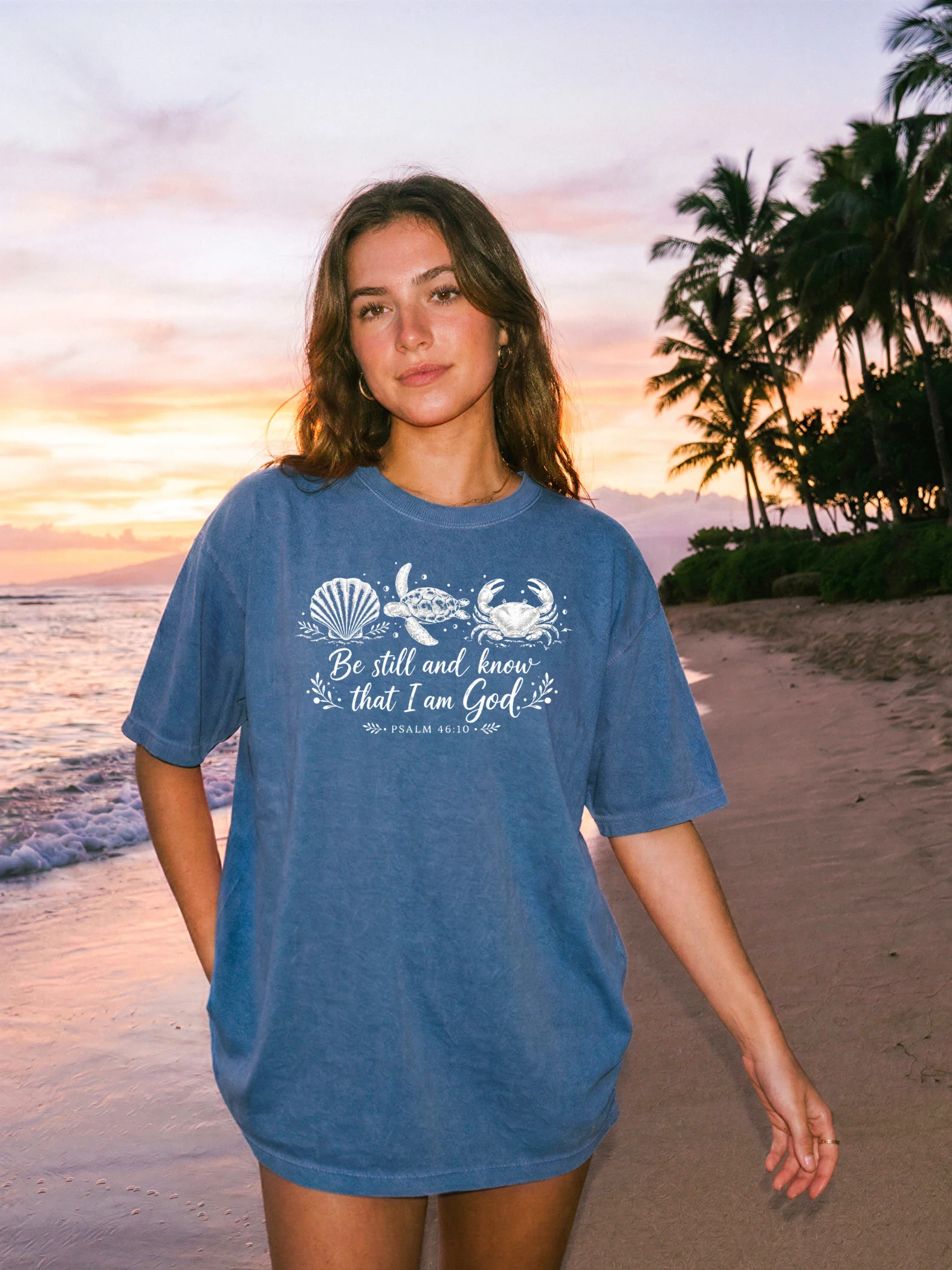 Be Still and Know That I Am God Christian Beach T-Shirt | Psalm 46:10 Seashell Turtle & Crab Coastal Faith Design | Kingdom Life Co. product image (1)