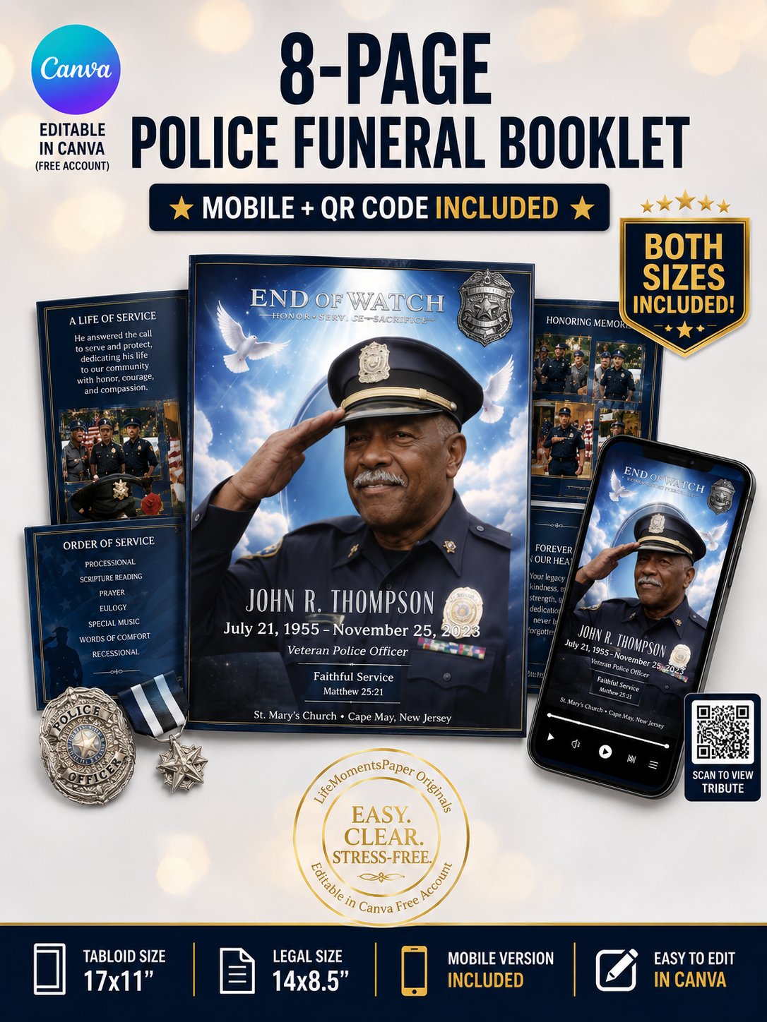 Police Funeral Program Template Bundle Tabloid & Legal | 8-Page End of Watch Memorial Booklet | Editable Canva Template with Mobile Version & QR Code product image (1)