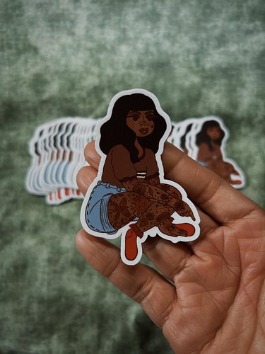I drew myself into a cartoon and made a sticker out of it. Find these cuties at upcoming art markets I will be at. 🖤🥀