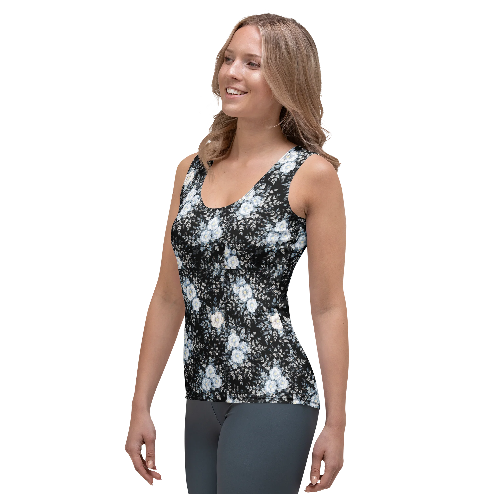 Midnight Bloom: Elegant ice flowers on black Vibrant Verve All-Over Women's Tank product image (3)