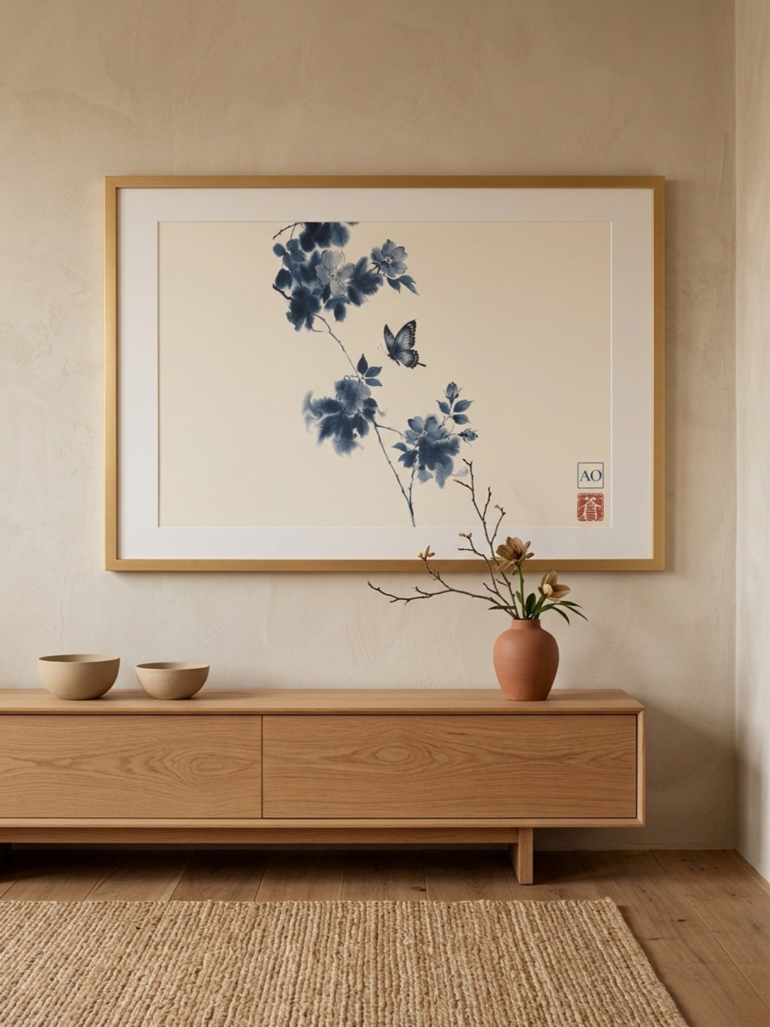 Japanese Ink Art Print | Indigo Butterfly No.04 | Framed Wall Art - AO Japan Blue product image (5)