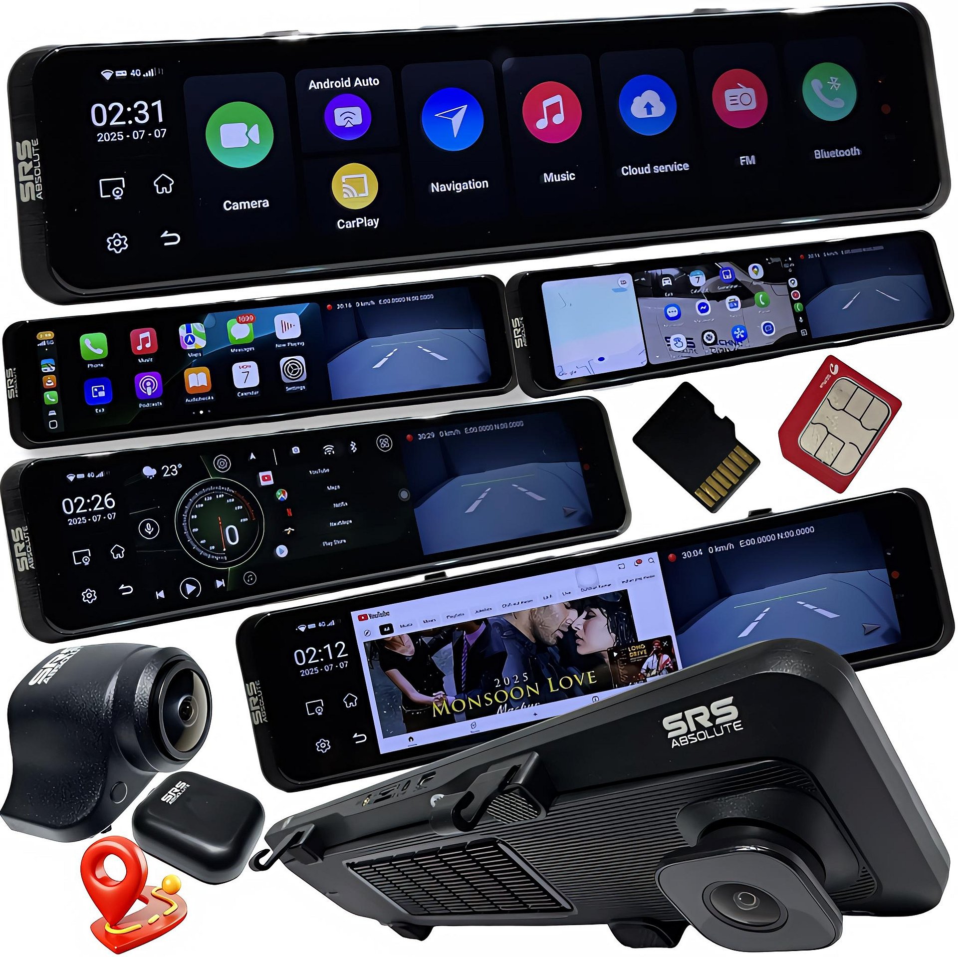SRS ABSOLUTE 8GB RAM 4G Smart Dash Cam Android14 ADAS Wireless CarPlay GPS 24x7 Remote Audio-Video Monitor Multi-Task | 1TB MicroSD Support | Maps-Apps Support | Steering Control |Split Screen product image (1)