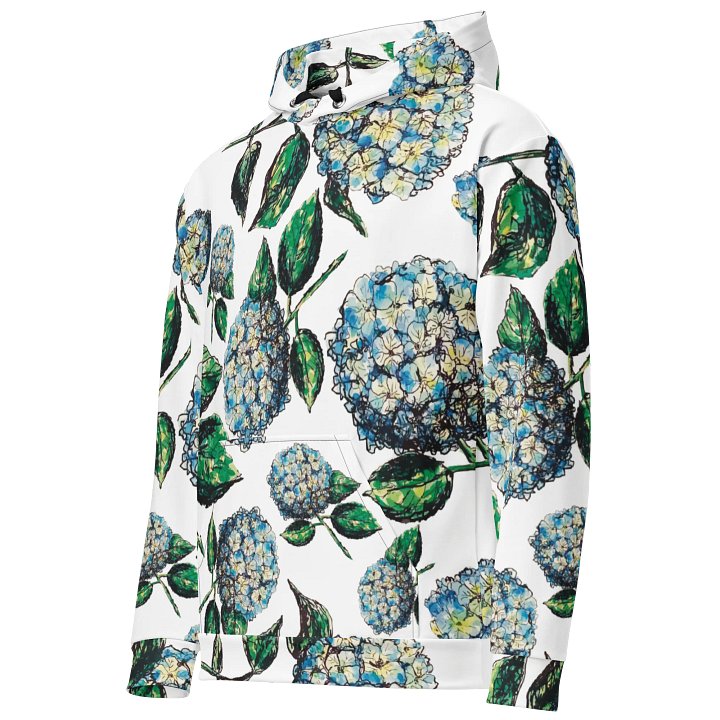🌸 Coastal Bloom | Hydrangeas Repeat Pattern Hooded Sweatshirt | Monique Faella Designs™ | Unisex Floral Sweatshirt | Artful Botanical Fashion product image (2)